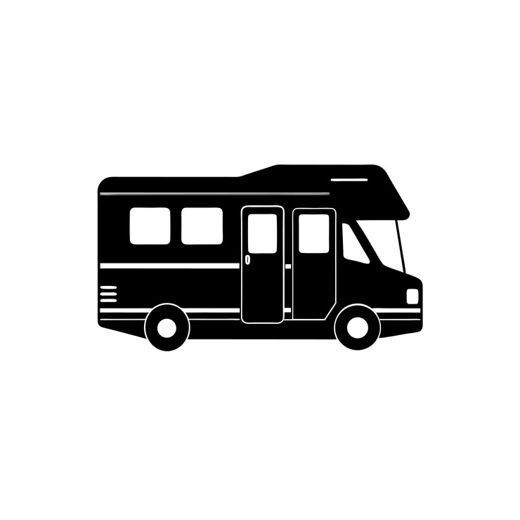 Black and white silhouette of a motorhome