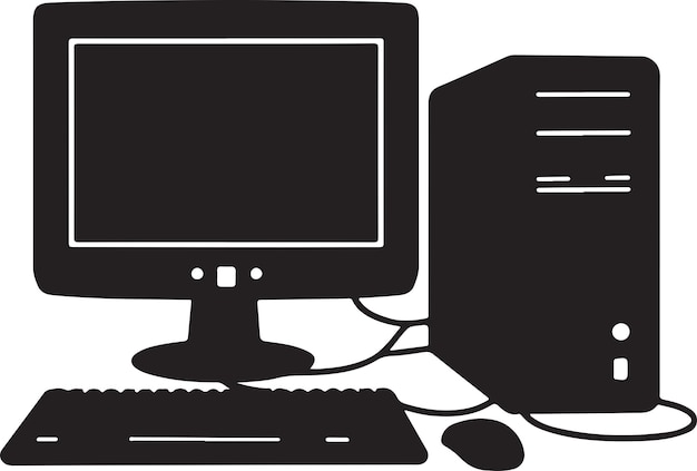 Black and white vector silhouette of desktop PC setup