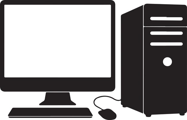 Black and white vector silhouette of desktop PC setup