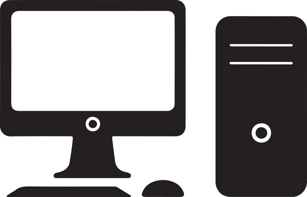 Black and white vector silhouette of desktop PC setup