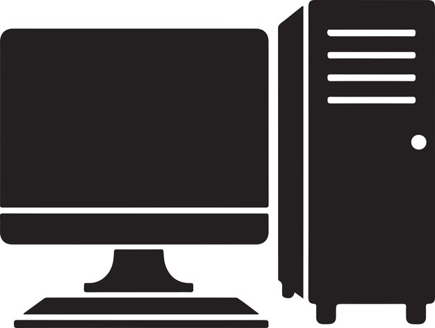 Black and white vector silhouette of desktop PC setup