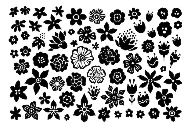 Black Flowers Linocut Graphic Set Monocromo Daisy Rose y Peony Elegante colección botánica Spring Blossom Vector Iconos aislados sobre fondo blanco Lindas flores para Logo Invitación Marca