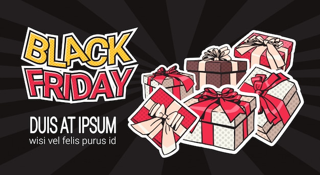 Black friday banner design con el presente y cajas de regalo en el fondo plantilla de compras cartel con c