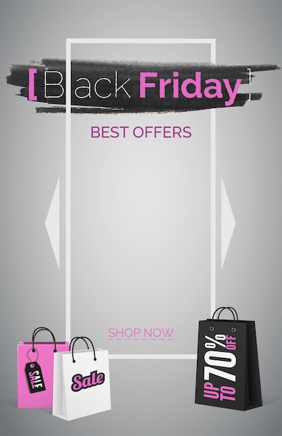 Black friday best ofrece plantilla de vector de banner web. bolsa de compras con etiqueta de venta. diseño de cartel de publicidad de gran descuento con texto rosa. promoción de venta de temporada en marco blanco. márketing y promoción