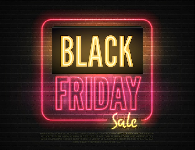 Black Friday descuentos plantilla de banner de vector de neón amarillo rojo