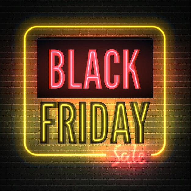 Black friday descuentos plantilla de banner de vector de neón rojo amarillo