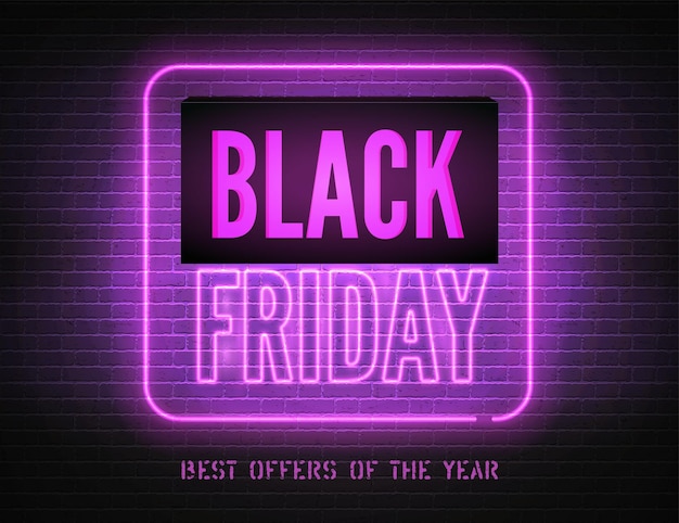 Black friday descuentos tentadora plantilla de banner de vector de neón