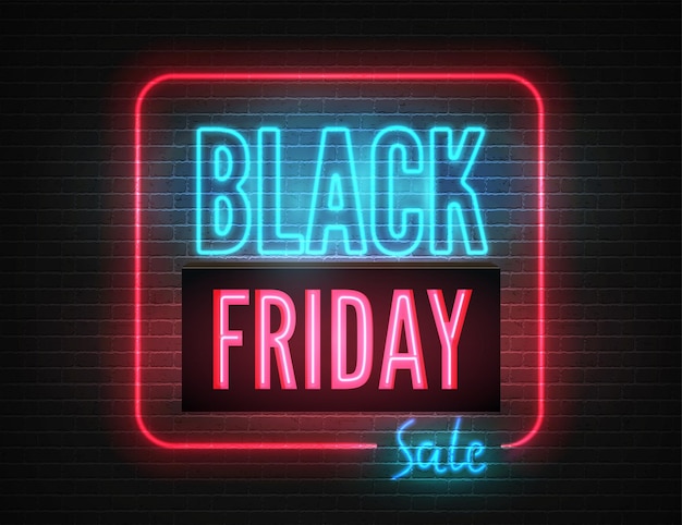 Black Friday descuentos tentadora plantilla de banner de vector de neón