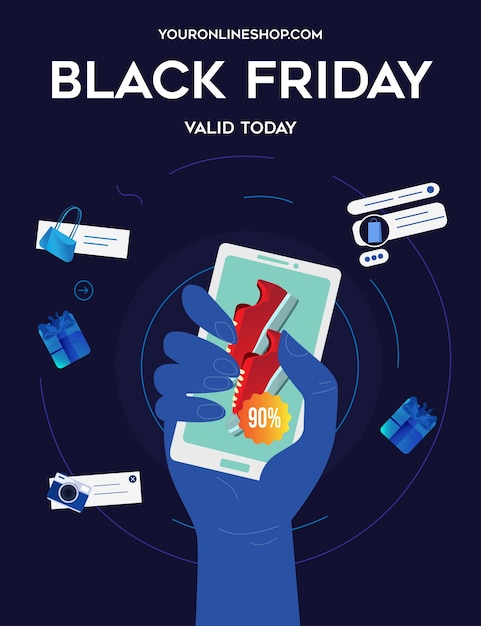 Vector black friday flyer con una mano sosteniendo un teléfono inteligente muestra descuentos en zapatillas