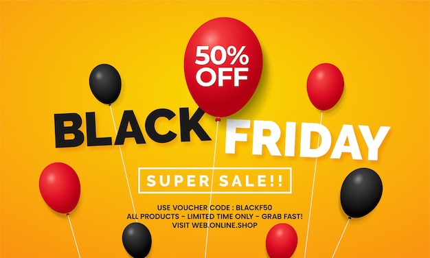 Black friday gran venta tienda en línea diseño de plantilla de promoción de banner de redes sociales con globo flotante