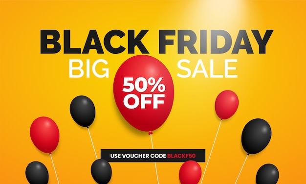 Black friday gran venta tienda en línea diseño de plantilla de promoción de banner de redes sociales con globo flotante