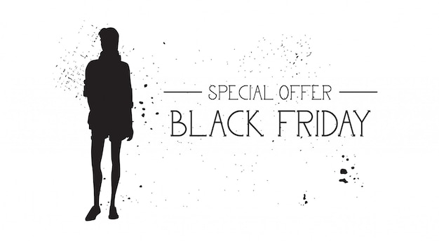 Black friday oferta especial banner con modelo de moda de goma de grunge silueta femenina en blanco