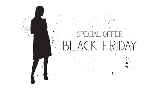 Black friday oferta especial banner con modelo de moda de goma de grunge silueta femenina en blanco