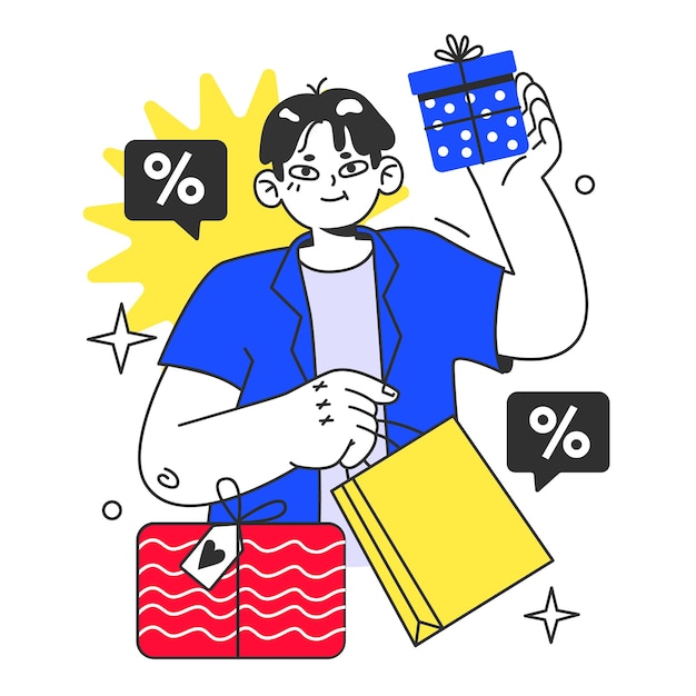 Black Friday personaje feliz con bolsas de compras y regalos fuera de línea y compras en línea con un gran