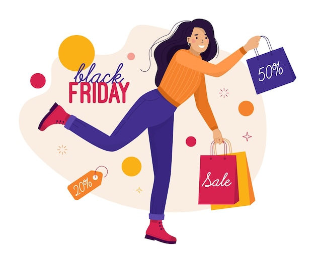 Black Friday y rebajas. Mujer feliz en compras corre y salta con bolsas