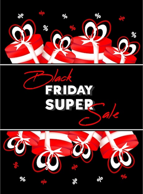 Black friday sale banner flyer texto y cajas de regalos rojas sobre fondo negro