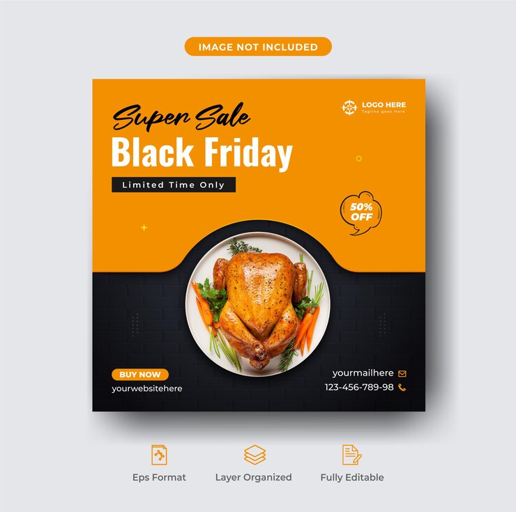 Black friday super oferta menú de comida y publicación de instagram de restaurante o plantilla de banner de pollo a la parrilla