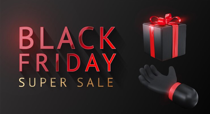 Black Friday Super Sale Cajas de regalo negras realistas con lazo dorado Fondo oscuro dorado y rojo