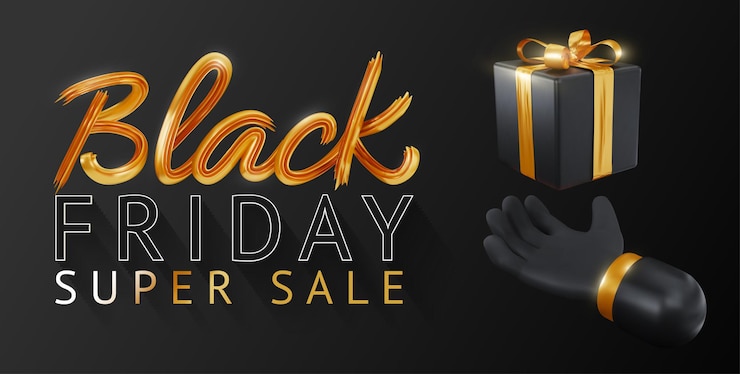 Black Friday Super Sale Cajas de regalo negras realistas con lazo dorado Letras de oro de fondo oscuro