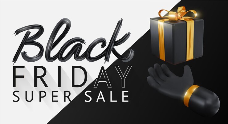 Black Friday Super Sale Cajas de regalo negras realistas con lazo dorado Letras de oro de fondo oscuro