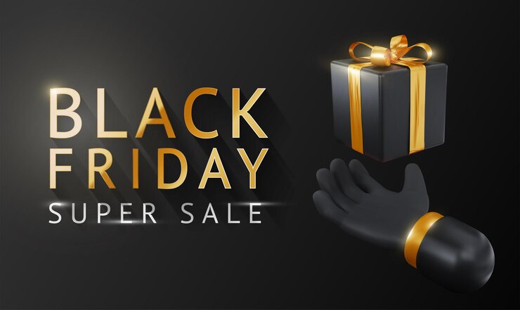 Black Friday Super Sale Cajas de regalo negras realistas con lazo dorado Letras de oro de fondo oscuro