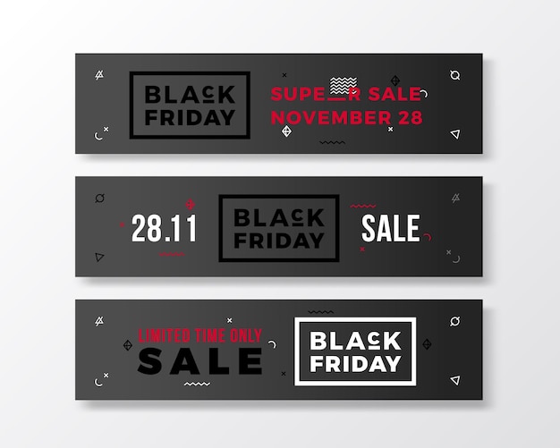 Black Friday Swiss Style Minimal Banners Set Concepto moderno blanco y rojo con suave sombra realista aislada