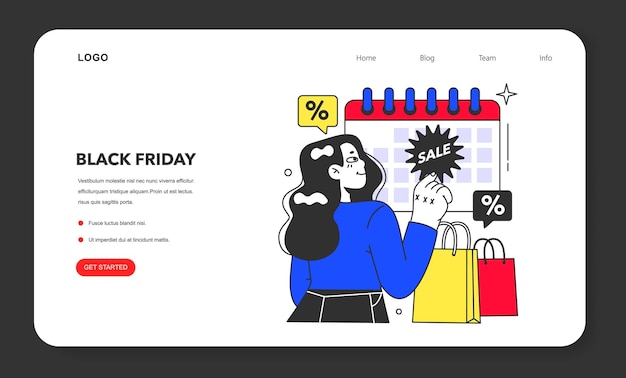 Black Friday web banner o página de aterrizaje personaje feliz con bolsas de compras y regalos fuera de línea y