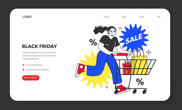Black Friday web banner o página de aterrizaje personaje feliz con bolsas de compras y regalos fuera de línea y