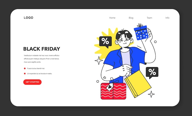 Black Friday web banner o página de aterrizaje personaje feliz con bolsas de compras y regalos fuera de línea y