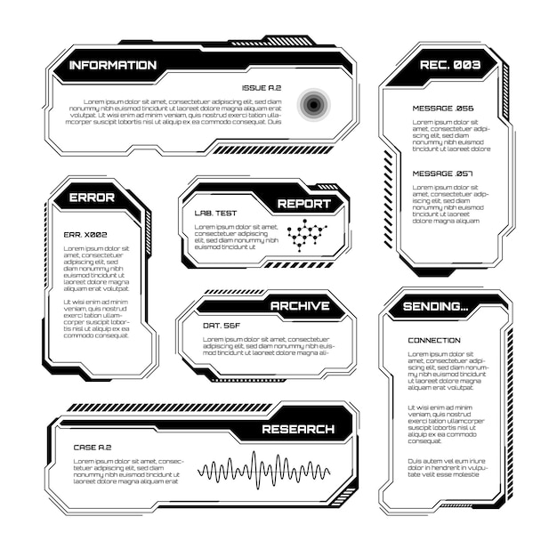 Black futurístico hud ui elementos de interfaz de usuario scifi cuadros de texto llamadas marcos de mensajes de advertencia