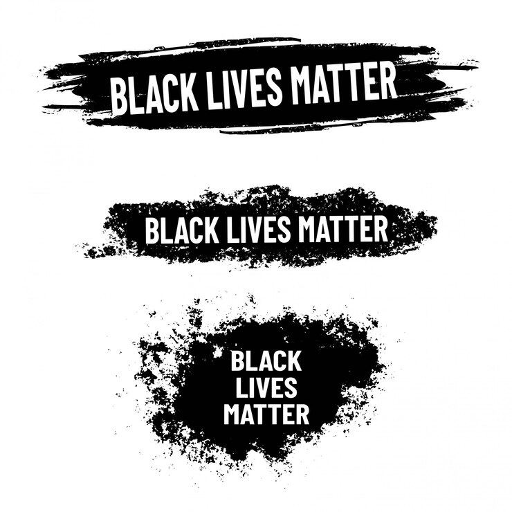 Black Lives Matter. Cartel de protesta con fondo negro grunge. Para el racismo. Conjunto de etiquetas