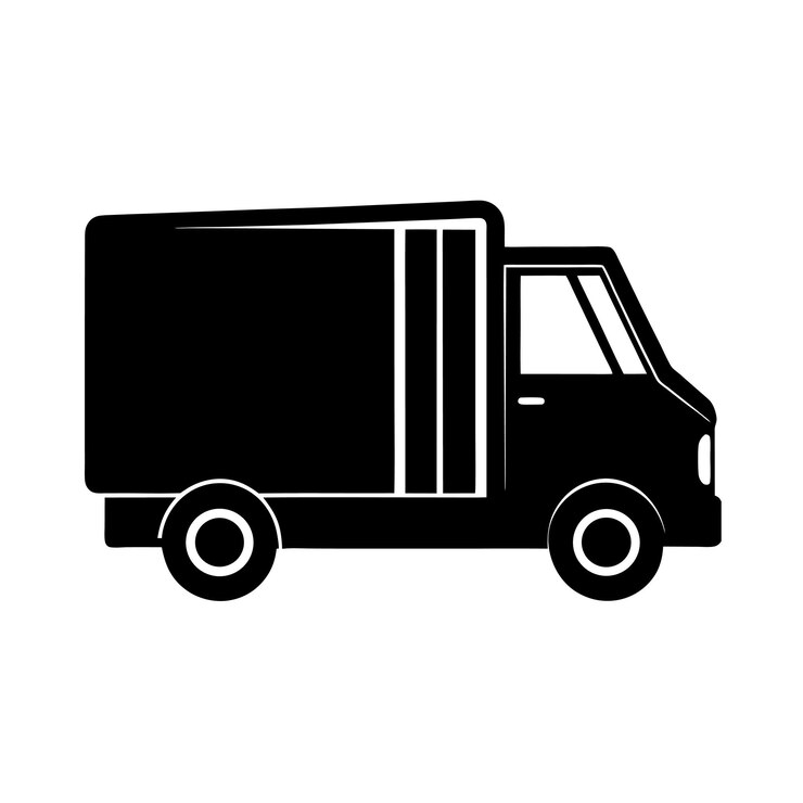 Black silhouette of a delivery truck on a white background