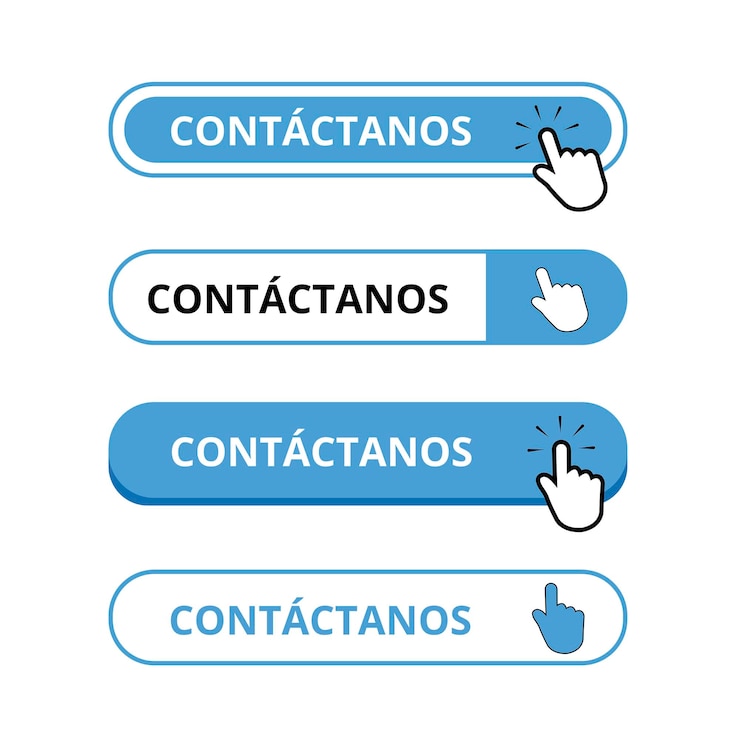 Vector blanco y azul botón contactanos con una mano haciendo clic en un fondo blanco trad contacto con nosotros