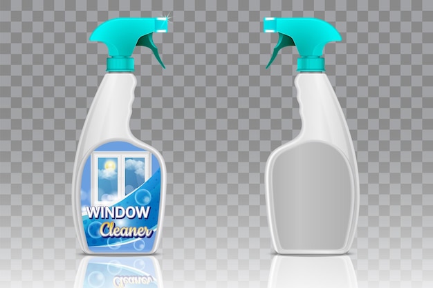 En blanco y con botellas de spray de etiqueta de producto de limpieza de ventanas. Vector ilustración 3d realista sobre fondo transparente. Práctico juego de maquetas de botella de spray con gatillo de plástico.