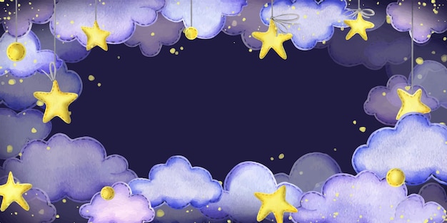 Blanco con estrellas y nubes contra el fondo del cielo azul de la noche acuarela dibujada a mano