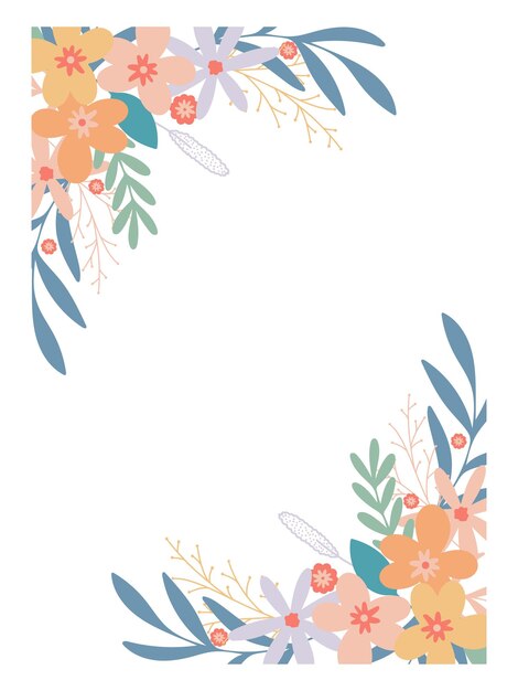En blanco con flores silvestres de primavera, hierbas y follaje, marco rectangular floral con espacio vacío para texto