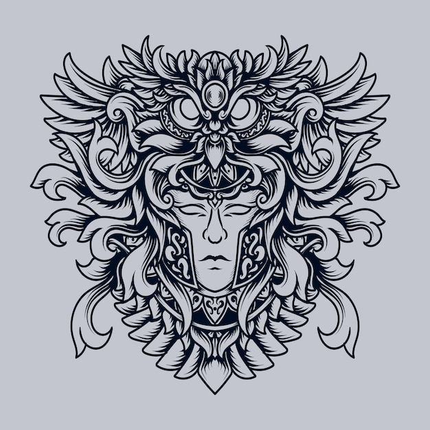 blanco y negro dibujado a mano ilustración búho humano grabado ornamento