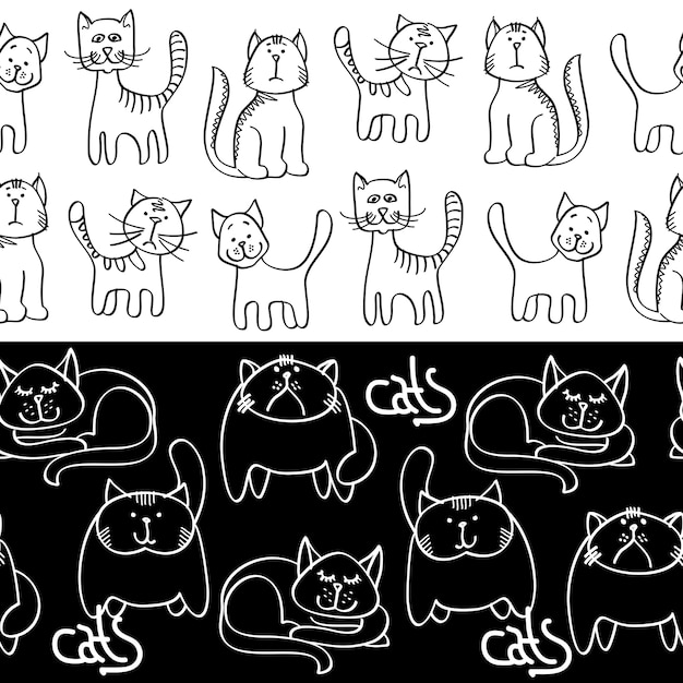 Blanco y negro doodle gatos fronteras sin costura