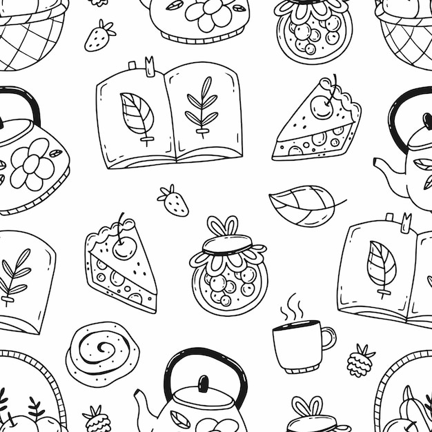 Blanco y negro doodle de patrones sin fisuras con diferentes elementos otoñales ilustración otoño acogedor