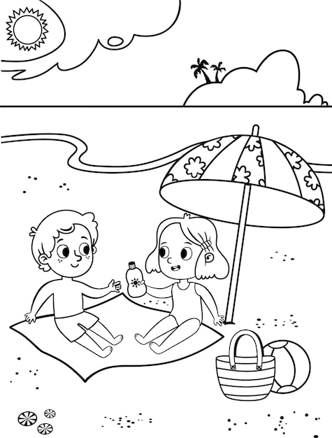 Blanco y negro dos niños lindos divirtiéndose en la playa tropical Página de actividades para colorear para niños