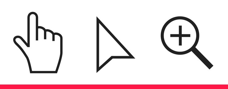Vector blanco y negro flecha mano y lupa mouse cursor iconos vector ilustración conjunto estilo plano desi