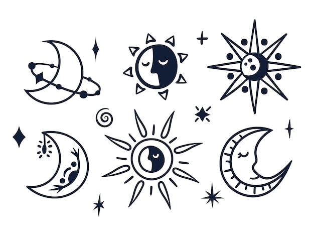 Blanco y negro luna celeste y sol boho línea dibujada a mano símbolos místicos aislados