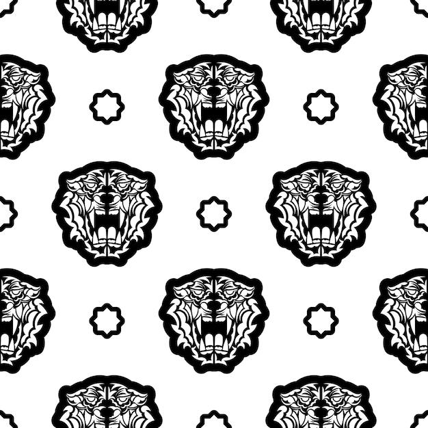 Blanco y negro patrón sin costuras con cara de tigre en estilo polinesio bueno para prendas de vestir y textiles ilustración vectorial