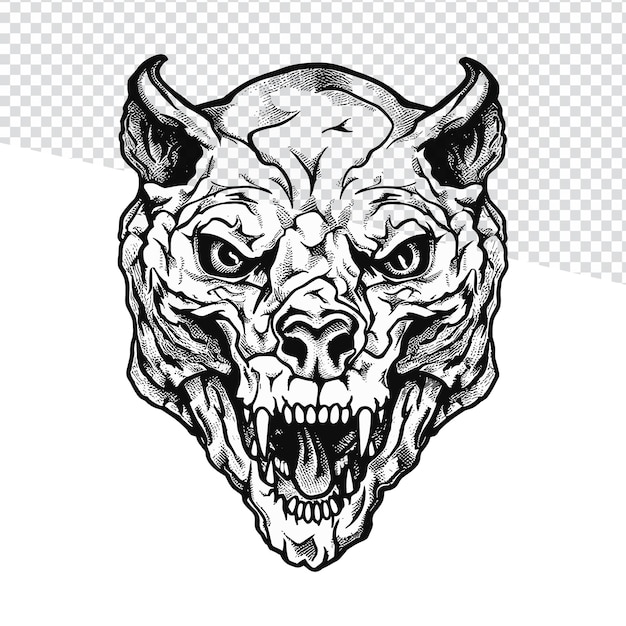 Blanco y negro Zombie Tiger Skull Esquema Ilustración para Flash Tattoos Coloring Pages and Doodl