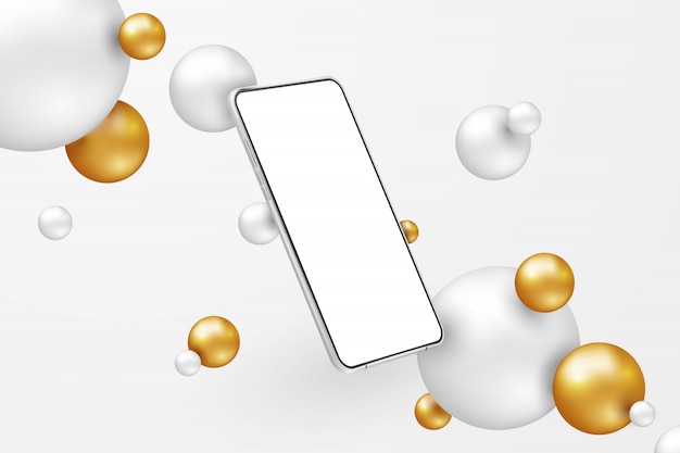 Blanco realista smartphone. Teléfono móvil con pantalla en blanco en blanco sobre fondo claro. Plantilla de teléfono celular moderno en escena abstracta con esferas blancas y doradas