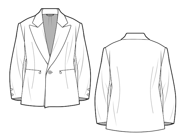 Blazer de gran tamaño con cremallera de bolsillo, solapa de muesca de un botón, plantilla de vector de vista frontal y posterior