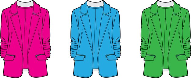 Blazer con mangas fruncidas para la moda Plantilla de ilustración vectorial de dibujo técnico de boceto plano