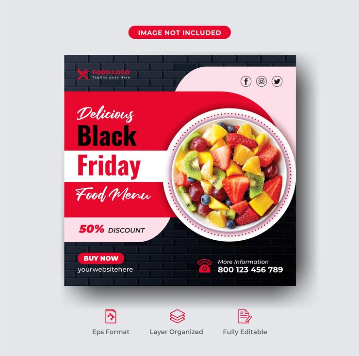 Blcak friday super sale comida menú y restaurante plantilla de banner de publicación de instagram Vector Premium