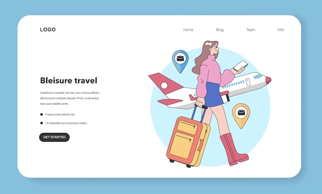 Bleisure viajes web banner o página de aterrizaje conjunto de negocios y viajes turísticos trabajo de viaje nómada digital