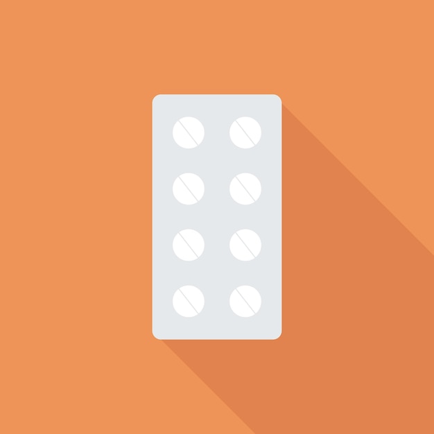 Blíster de píldora de medicamentos sobre fondo de color plano con sombra larga en vector de estilo plano aislado
